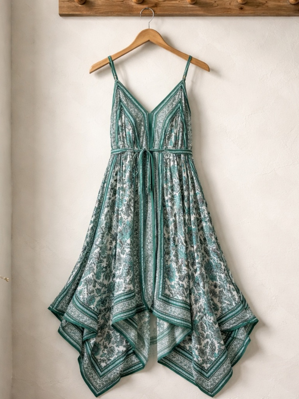 Cost Plus World Market Teal Green Floral Handkerchief Hem Sundress